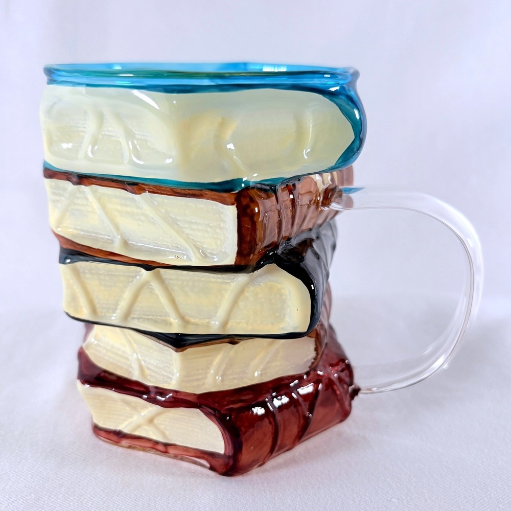 3D Hand Painted Glass Stack of Books Multicolor Clear Glass Coffee Mug